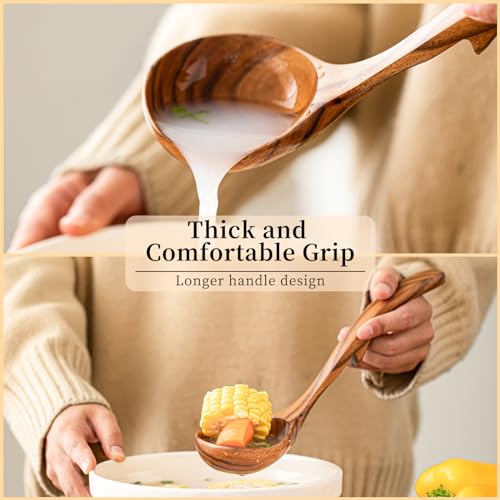 Gudamaye 3 Size Wooden Soup Ladles Set,3 Hooks for Bowl,Pot. Natural Teak Wooden Ladle,10.6 inch Big Soup Ladle, 9 inch Serving Spoon & 8 inch Wood Ladles for Cooking,Teak Deep Ladle Spoons - style: 3 PCS Teak Ladle