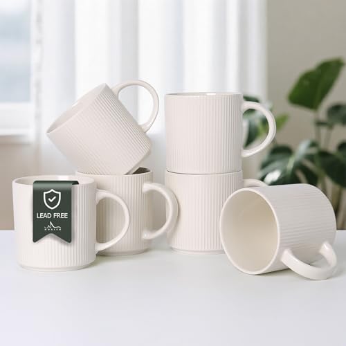 MONITO Coffee Mugs Set of 6,16 oz Ceramic Coffee Cups with Large Handles | Stoneware Mugs Set Suitable for Lattes,Hot tea,Cappuccinos,Mochas and Cocoa,Microwave & Dishwasher Safe,White - color: White, size: 6PCS