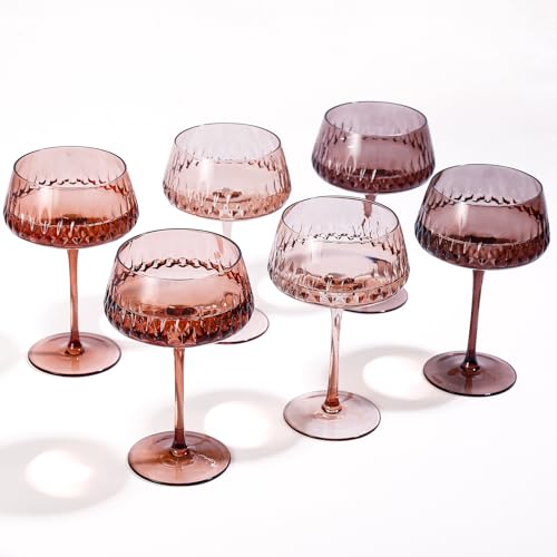JOVGANK Amber Martini Glasses Set of 6, Hand Blown Colorful Glass 14Oz, Vintage Champagne Coupe Glasses, Large Brown Glass, Crystal Retro Style Bar Glasses, Housewarming and Mother's Day Gift - color: Vintage-Venus