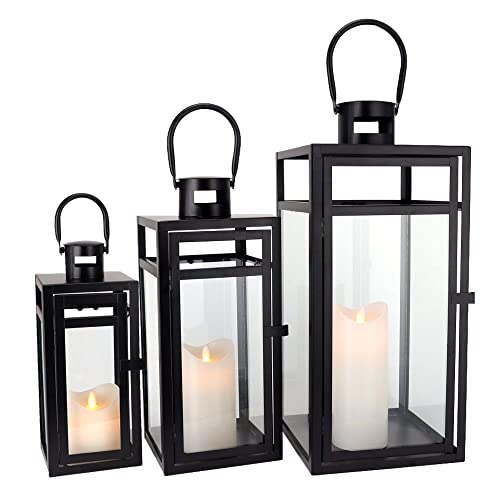 TRIROCKS Stainless Steel Lantern Set of 3 - Assorted Sizes (12/15/19 Inch) - Tall Metal Hanging Lanterns with Clear Glass Panels, Indoor & Outdoor Home Decor for Parties & Events - Black Finish - color: Black, size: Large
