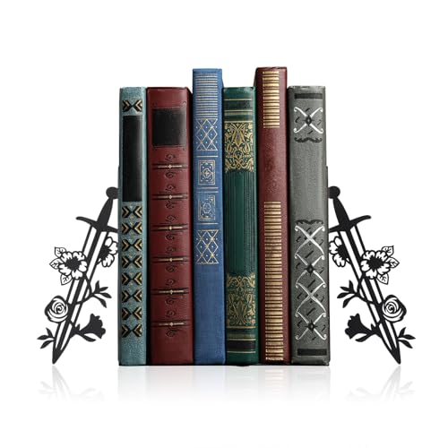 Metal Book Ends for Shelves Sword and Rose Bookends Set of 2 for Bookshelf Home Office Desk Bookshelf Decor Gift for Fantasy Lovers and Reading Enthusiasts - style: Sword with Vine and Rose