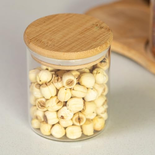 Minimalist Two-Tier Bamboo Lazy Susan Turntable with 8 Pcs 12 oz Airtight Lid Glass Jars, Versatile Spice Rack Organizer, Perfect for Kitchen Countertops, Dining Tables, and Pantry Cabinets