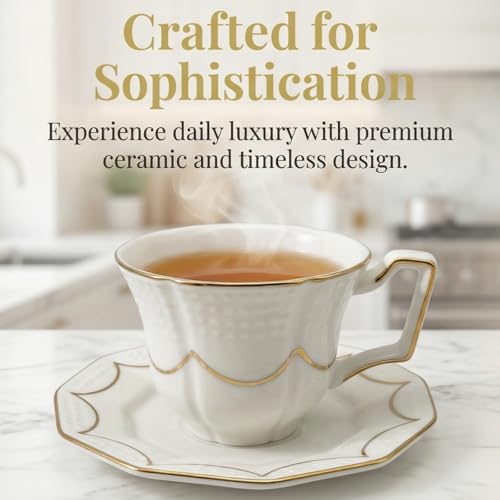 Tea Cup and Saucer Set for 1, Ceramic, White, 6.8 Oz | Coffee Cup with Saucer and Spoon, Elegant Design, 3D relief patterns, Gold Trim, Protective Packaging, Ideal for Gift - color: Modern