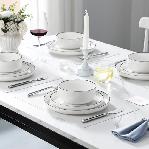 MALACASA Plates and Bowls Sets, 24 Pieces Modern Porcelain Dinnerware Set for 8 White Kitchen Dinner Dining Ware Set wtih Black Rim Ceramic Dishware Dishes Microwave and Dishwasher Safe, Series LUNA | Modern Ceramic Dishware Set,Kitchen Dining Ware,Microw