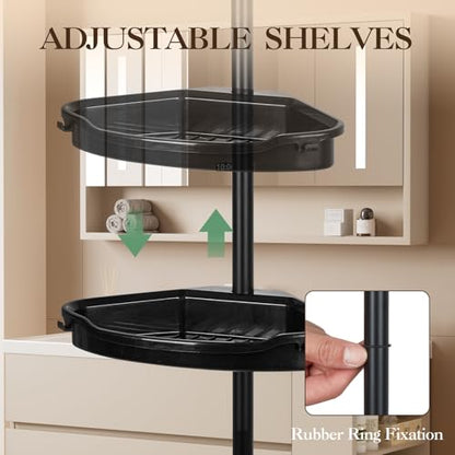 360° Rotating Corner Shower Caddy Organizer Tension Pole, 4-Tier Adjustable Rustproof Corner Shelf with Metal Pole for Inside Shower, Extra Towel Bar & Soap Dish, Bathroom Storage for Bathtub, Black