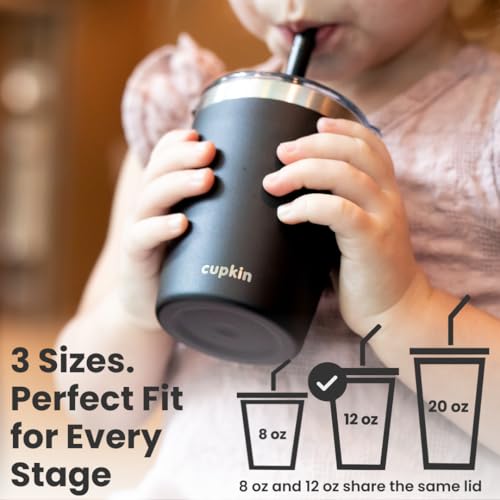 CUPKIN Toddler Tumblers, The Original 12 oz Stackable Stainless Steel Cups, Set of 2 Powder Coated Insulated Kids Water Bottle Alternative + BPA Free Lids + Reusable Silicone Straws (Black + White) - color: Black/White, size: 12 Fl Oz (Pack of 2)