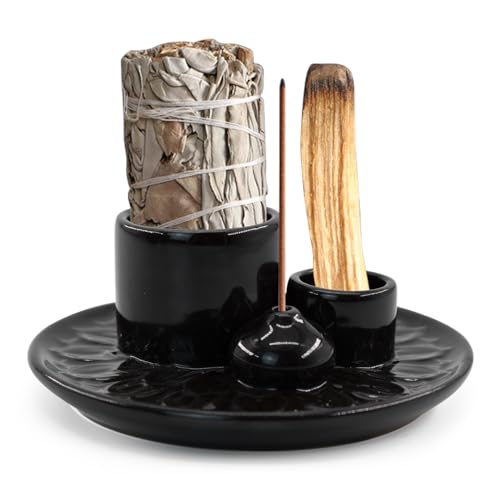 4 in 1 Ceramic Incense Holder, Incense Burner Ash Catcher Palo Santo Sage Holder for Home Decor Meditation Yoga (Black) - color: Black