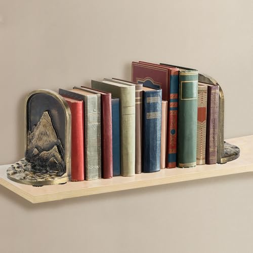 Cast Iron Mountain Bookends Set, Antique Brass Book Ends, 2 Decorative Book Holders for Shelves or Bookcase, Stylish Brass, Non-Skid Anti-Slip Heavy Duty, Home Décor Gift