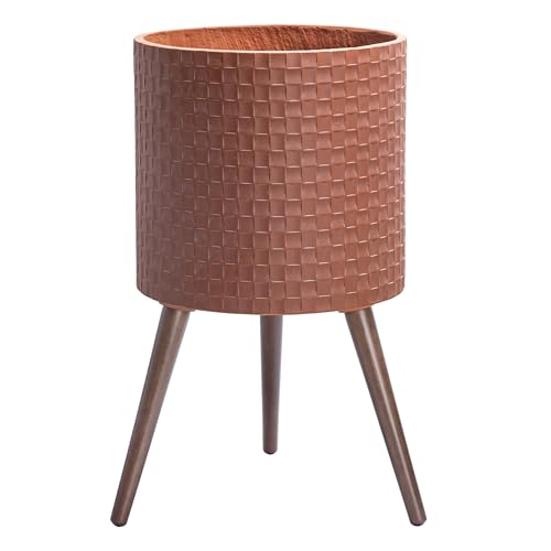 D'vine Dev Planter Pot with Wood Stand, 14 in, Terra Cotta, 88-Z-D-3 | Mid-Century Modern Style, Elevated Plant Display, Drainage Hole and Plug, Functional & Stylish, Modern Indoor Planter - color: Terra Cotta, size: X-Large