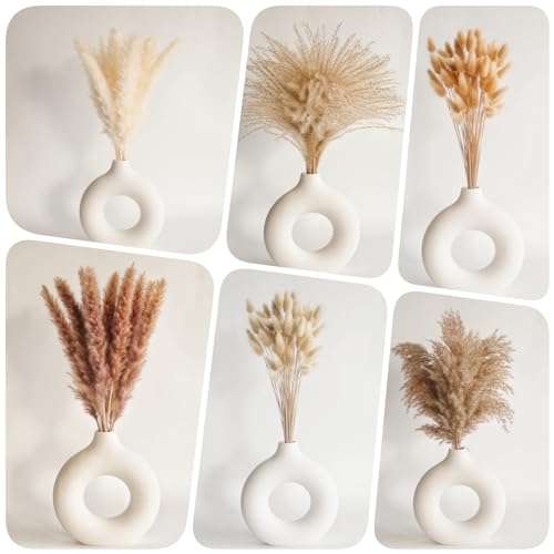 Dried Pampas Grass Decor, 120 PCS Pampas Grass with Bunny Tails Dried Flowers, Reed Grass Bouquet for Wedding, Boho Flowers, Home Table Decor, Rustic Farmhouse Party (White and Brown) - size: 120PCS