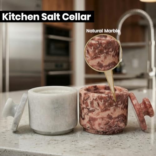 Marble Salt Cellar with Lid - Stone Salt Container for Countertop, Salt Box Keeper for Kitchen Counter, 3.5 oz OceanicX Marble Cellar (White Strawberry Pink) - color: White Strawberry Pink