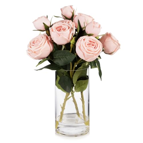 9 Heads Silk Rose Artificial Flowers in Vase,Faux Rose Flowers Arrangement in Vase with Faux Water for Table Decor Centerpieces (Light Pink) - color: Light Pink