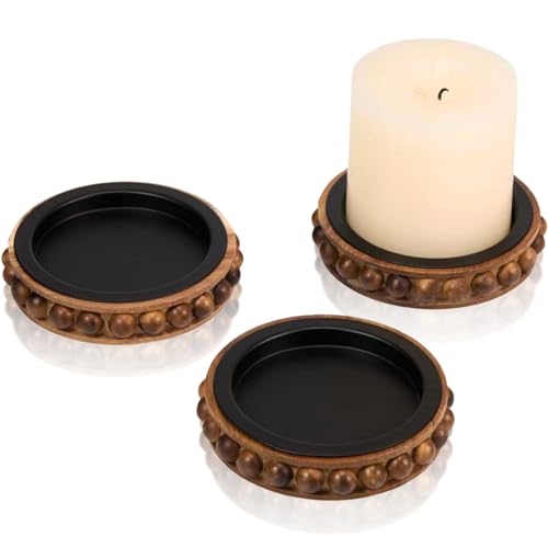 Wooden Candle Holders for Pillar Candles, Set of 3 Acacia Wood Beaded Plate with Metal Cup Inserts, 4 Inch Rustic Farmhouse Tray Stand for Fireplace Mantel, Table Centerpiece Decor - color: Acacia Wood