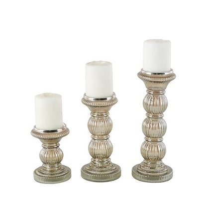 Deco 79 Glass Handmade Decorative Candle Holder Turned Style Pillar Candle Stand, Set of 3 Candlestick Holder 6", 9", 12"H, Gray