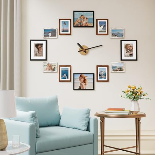 Vittanly 12 Pack Gallery Wall Frame Set, Picture Frames for Wall & Table | Gallery Wall Frame Set: 4pcs 8x10, 4pcs 5x7 & 4pcs 4x6 Photos, made of Engineered Wood, Black, Walnut Brown, Distressed White - color: Black & Walnut Brown & Distressed White