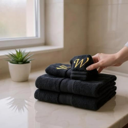 Monogrammed Bath, Hand, Washcloth Cotton Towel Set, Personalized Gift 3Pc-W - color: Black & Gold, size: Initial W