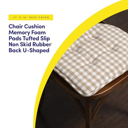 Sweet Home Collection Chair Cushion Memory Foam Pads Tufted Slip Non Skid Rubber Back U-Shaped 17" x 16" Seat Cover, 2 Count (Pack of 1), Checkered Taupe/White - color: Checkered Taupe/White, size: 2 Pack, style: Foam Pads
