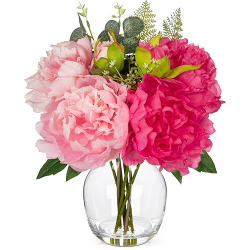 Hollyone Fake Flower Arrangements in Vase Pink Peonies Artificial Flowers Peony Bouquet Silk Floral Flower with Glass Vase with Faux Water for Home Decor Bathroom Coffee Table Centerpiece Decorations - color: Mixed Pink