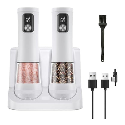 Electric Salt and Pepper Grinder Set, Rechargeable Automatic Pepper Mill with Base,Display, LED Lighting, Large Capacity-Ideal for Kitchen, BBQ Gifts - color: White