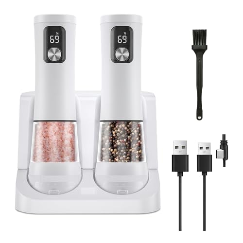Electric Salt and Pepper Grinder Set, Rechargeable Automatic Pepper Mill with Base,Display, LED Lighting, Large Capacity-Ideal for Kitchen, BBQ Gifts - color: White