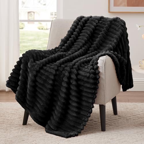 EXQ Home Fleece Throw Blanket for Couch or Bed - 3D Stripe Jacquard Decorative Blankets - Cozy Soft Lightweight Fuzzy Flannel Blanket Suitable for All Seasons(50"×60",Black) - color: Black, size: Throw