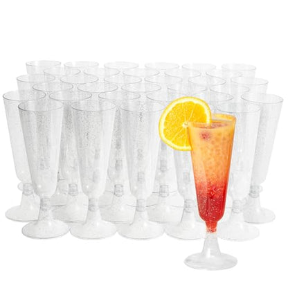 MATANA 24 Plastic Champagne Flutes Silver Glitter 5oz - Reusable Toasting Glasses, Cocktail Prosecco Glasses for Weddings, Birthdays, Christmas, BBQ, Parties - color: Silver Glitter, size: 24 Pack