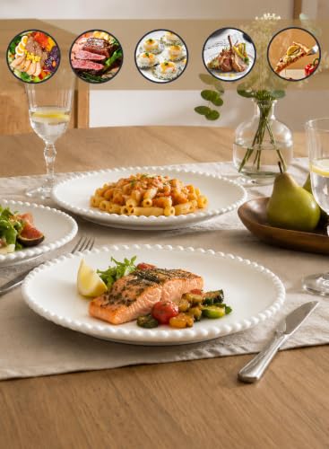 10.5 Inch Porcelain White Large Beaded Dinner Plates Set of 8 | Round Shape,Appetizer Plate,Ceramic,Dinnerware Serving,Salad,Pancakes,Steak,Pasta,Microwave, Dishwasher,Oven Safe - size: 10.5 Inch - 8P
