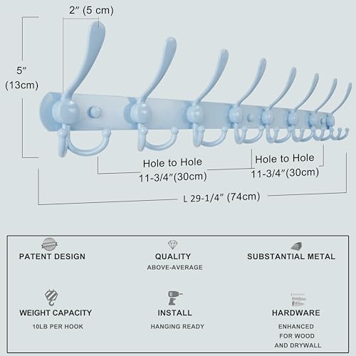 Coat Rack Wall Mount - 29.5” Long 8-Tri-Hooks Heavy Duty Coat Hanger Rail Wall Hooks for Hanging Coats Hats Clothing Clothes Purse Mudroom Entryway, Blue - color: Blue, size: L=29.5” (1 Pcs)