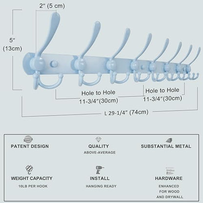 Coat Rack Wall Mount - 29.5” Long 8-Tri-Hooks Heavy Duty Coat Hanger Rail Wall Hooks for Hanging Coats Hats Clothing Clothes Purse Mudroom Entryway, Blue - color: Blue, size: L=29.5” (1 Pcs)