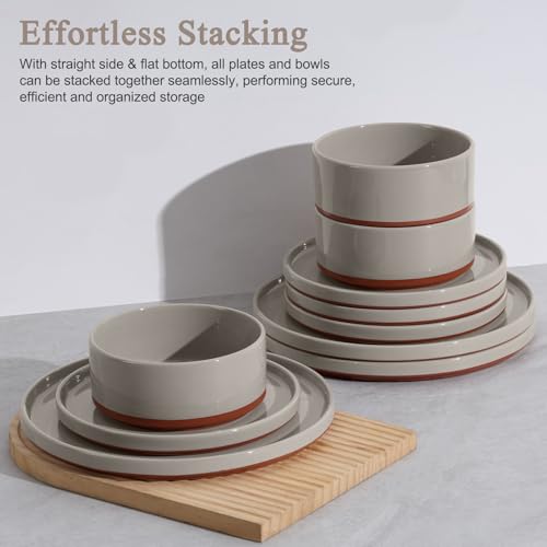 LIANYU Plates and Bowls Sets, 24 Pieces Stoneware Dinnerware Set for 8 | Modern Kitchen Dinner Set Ceramic Dishware Dishes Set, Microwave and Dishwasher Safe, Terra Brown - color: Terra Brown