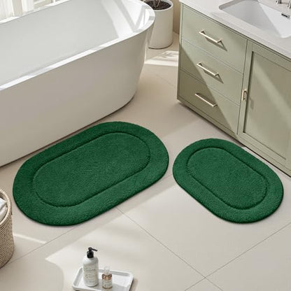 HOMEIDEAS Dark Green Oval Bathroom Rug Sets 2 Piece 20" x 32" + 16" x 24" | Microfiber Bath Mats, Non-Slip TPR Backing, Ultra Absorbent & Quick Dry, Machine Washable for Bathroom, Shower, Tub - color: Dark Green