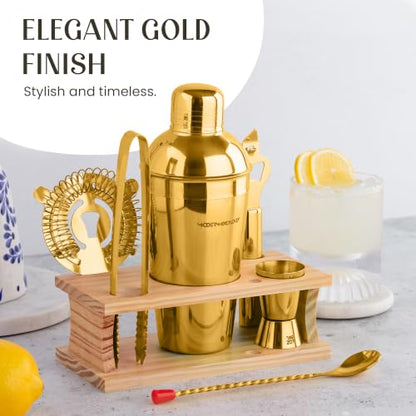 Cocktail Shaker Set - Bartender Kit with Pine Stand | Leak-Proof Design | Includes Martini Shaker, Jigger, Strainer, Spoon, Tongs | Perfect Bar Tools Gift for Home Mixology (Gold) - color: Gold / Light Stand, size: 8 Pieces