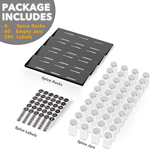 SpaceAid Spice Drawer Organizer with 40 Spice Jars, 386 Spice Labels, 4 Tier Seasoning Rack Tray Insert for Kitchen Drawers, 18.5" Wide x 17.5" Deep - size: 40 Jars, 18.5" Wide