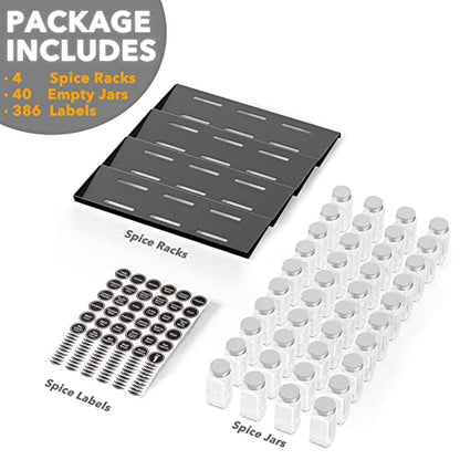 SpaceAid Spice Drawer Organizer with 40 Spice Jars, 386 Spice Labels, 4 Tier Seasoning Rack Tray Insert for Kitchen Drawers, 18.5" Wide x 17.5" Deep - size: 40 Jars, 18.5" Wide