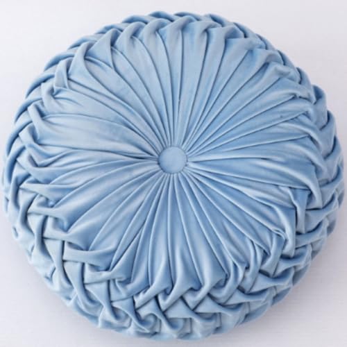 OUKEYI 13.8 inch Round Sofa Cushion Pure Color Velvet Pillow, Pleated Round Cushion, Pumpkin Pillow Suitable for Home Bed car Decoration (Blue) - color: Blue