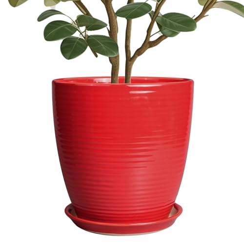 Ceramic Planter 10 Inch - Ceramic Pot for Plants Large Plant Pot Indoor with Drainage Hole and Saucer Round Outdoor Planter Modern Flower Pot for Garden House Red - color: Glossy Red, size: 10 Inch