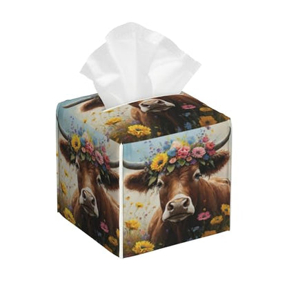 Leather Tissue Box Holder Cow with Flowers Tissue Box Cover Facial Paper Case Organizer Cube Napkin Dispenser for Bathroom Vanity Countertop Night Stand Office Car - color: Cow With Flowers