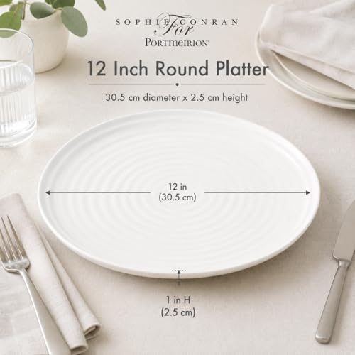 Portmeirion Sophie Conran Round Serving Platter - White | 12" Porcelain Serving Dish for Appetizers, Sandwiches, Desserts & Snacks, Oven, Microwave, Freezer & Dishwasher Safe