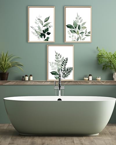 UPWOIGH Olive Leaf Framed Botanical Wall Art, 12 x 16 Inch, Set of 3 | Watercolor Fern, Olive and Eucalyptus Leaf Prints, Soft Green Tones, Light Wood Frames for Bedroom, Office and Gallery Wall - color: Olive Leaf Green MDF
