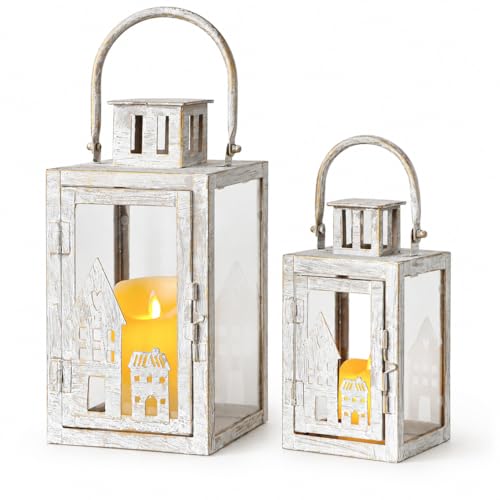 TRIROCKS Set of 2 Farmhouse Candle Lanterns 14 & 10" H Vintage Metal Candle Holders Outdoor Lanterns with Tempered Glass for Garden Wedding Living Room Indoor & Outdoor (Gray with Gold Brush) - size: Set of 2 - 6" & 11" H