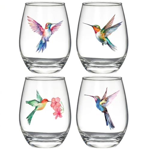 Hummingbird Stemless Wine Glasses Set of 4, Hummingbird Lovers Gifts for Women, Bird and Outdoor Lovers, 15oz Wine Glasses Gifts for Women, Floral Garden Lovers, Forest Birds Hummingbird Decor