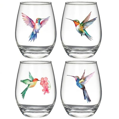Hummingbird Stemless Wine Glasses Set of 4, Hummingbird Lovers Gifts for Women, Bird and Outdoor Lovers, 15oz Wine Glasses Gifts for Women, Floral Garden Lovers, Forest Birds Hummingbird Decor