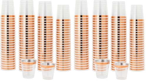 Mandala Crafts Disposable 1oz Plastic Mini Shot Glasses - Bulk 120 Clear Rose Gold Rim Hard Plastic Shots Cups for Party Sample Cups Tasting Whiskey (Pack of 2) - color: Rose Gold Rim, size: 1 Ounces (Pack of 2)