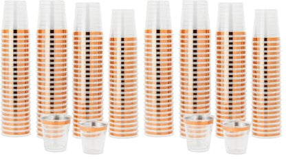 Mandala Crafts Disposable 1oz Plastic Mini Shot Glasses - Bulk 120 Clear Rose Gold Rim Hard Plastic Shots Cups for Party Sample Cups Tasting Whiskey (Pack of 2) - color: Rose Gold Rim, size: 1 Ounces (Pack of 2)