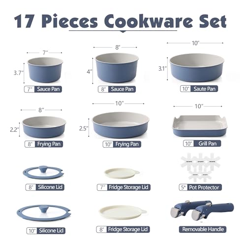 SENSARTE 17 Piece Ceramic Detachable Handle Pots and Pans Set Navy | Ceramic Cookware Set, Induction Cookware Set with Removable Handle, Healthy Non Stick for RV, Dishwasher ＆ Oven Safe - color: Navy, size: 17 Piece