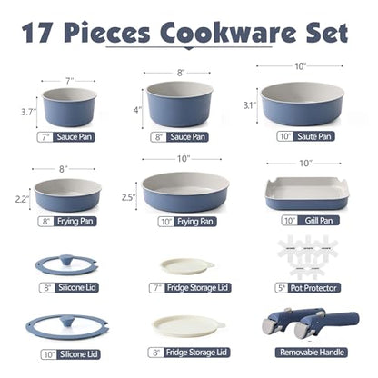 SENSARTE 17 Piece Ceramic Detachable Handle Pots and Pans Set Navy | Ceramic Cookware Set, Induction Cookware Set with Removable Handle, Healthy Non Stick for RV, Dishwasher ＆ Oven Safe - color: Navy, size: 17 Piece