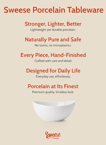 Sweese 42oz Porcelain Serving Bowls - Set of 4, 8-Inch White Bowls for Salad, Soup, Pasta & More - Microwave, Dishwasher & Oven Safe - size: 8.1 Inch