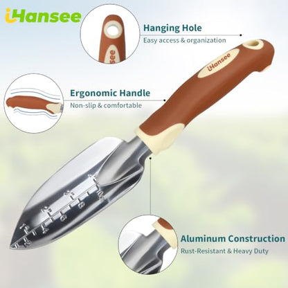 Brown Garden Tool Sets, Aluminum Gardening Hand Tool Kit 4-Piece | Transplant Trowel, Hand Rake, Curved Pruner with Ergonomic Handle, Garden Gloves, Gardening Gift for Men Women Plant Lover - color: brown-4pcs