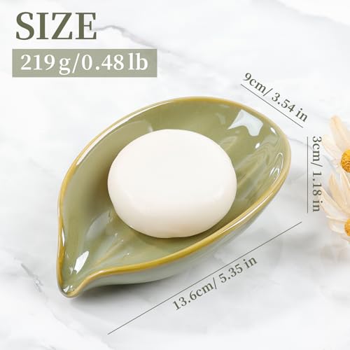 Soap Holder, Self-Draining Soap Dish, Leaf Shape Ceramic Green Bar Soap Holder Drain Soap Dishes for Bathroom Sink Kitchen, Easy to Clean Keeps Soap Dry, ANTIS'S HOME - color: Green-1pcs