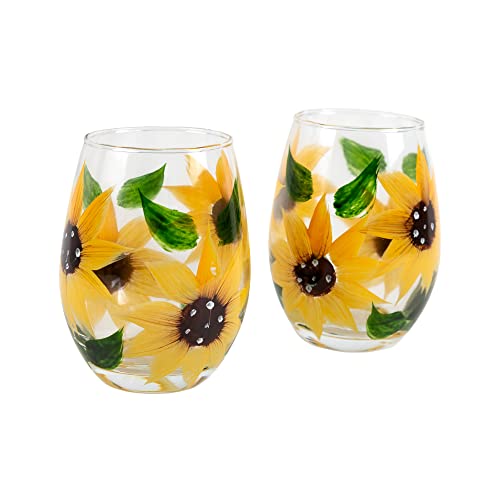 Hand-Painted Sunflower Stemless Wine Glass Set - Rustic Country Farmhouse Decor - Kitchen Gift, Set of 2